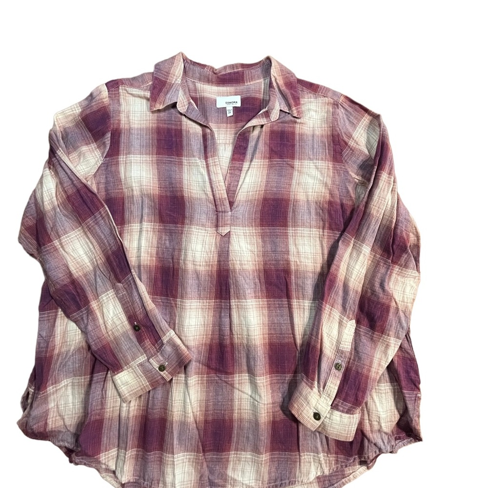 Sonoma Goods For Life Women 2X Purple Plaid Cotton Gauze‎ Tunic Popover Shirt
